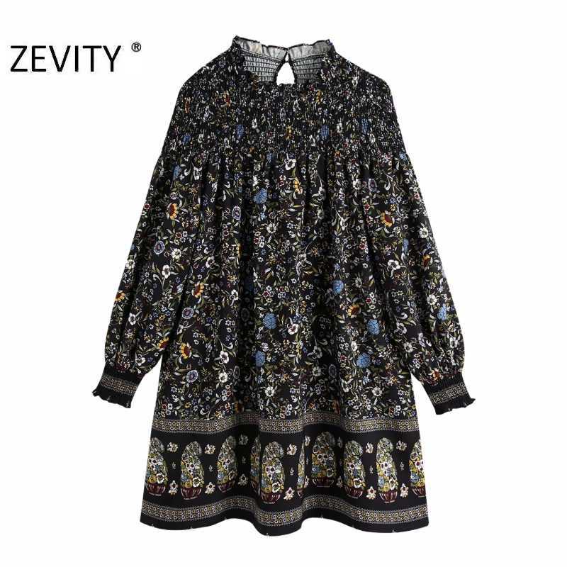 

ZEVITY women vintage totem flower print court mini dress femme long sleeve kimono vestido chic casual elastic dresses DS4480 210603, As pic ds4480bb