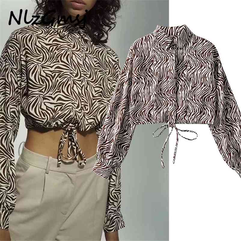 

Blouse Women Spring Fashion Zebra Print Shirt Drawstring Streetwear Short Long Sleeve Loose Tops 210628, As picture