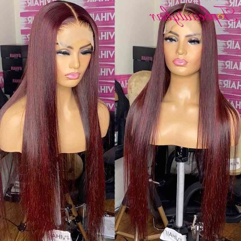 

Human Front Wig 13*1 Hair For Women PrePlucked Burgundy Brazilian Straight #99j Color Lace Part Wigs, Ombre color