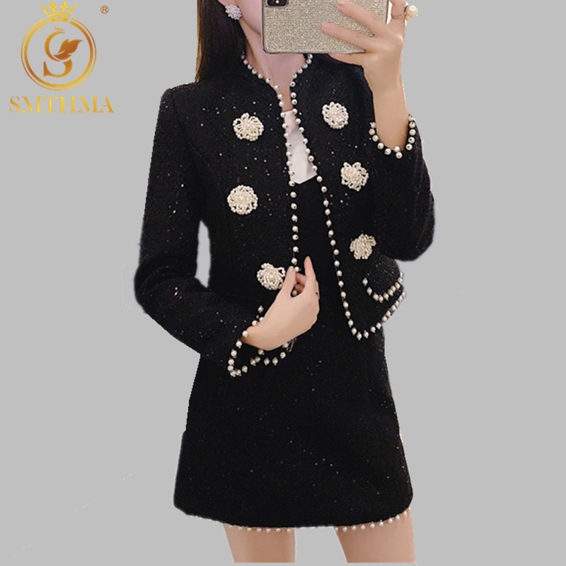 

H Arrival Autumn Winter Women Elegant Beads Shiny Jacket Coat 2 Piece Tweed Set + High Waist Skirt Suit 210520, Photo color
