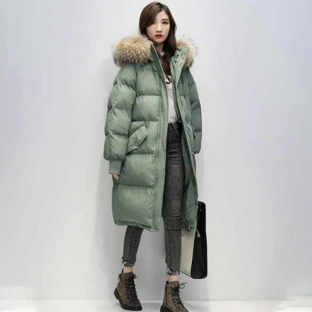 

Womens Winter Cotton-padded Jacket Korean Stye Large Fur Collar Hooded Long Down Cotton Parkas Warm Loose Clothing Women Coat, Beige