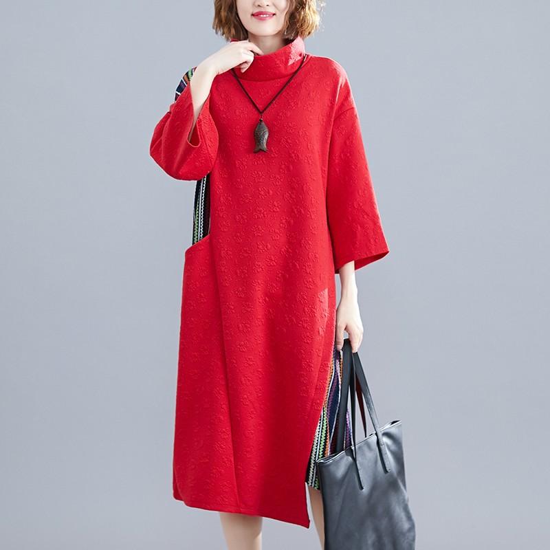 

Casual Dresses Women Cotton Long Robes Red Dress Pockets 2021 Autumn Winter Vintage Turtleneck Loose Female Patchwork Striped Pullovers, Black