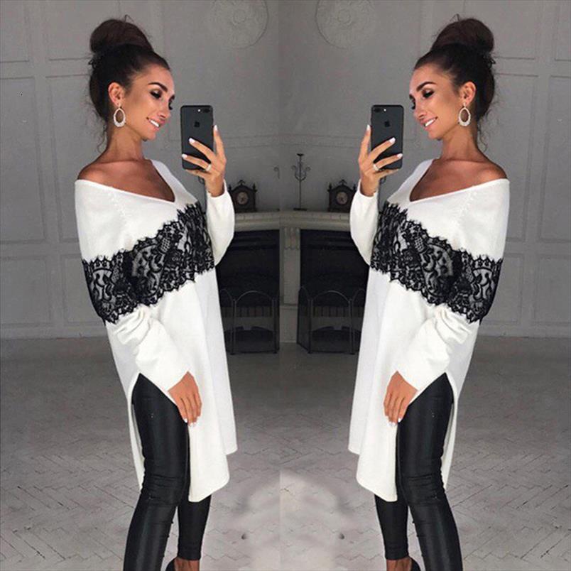 

long sleeve lace stitching fashion womens dresses v neck side split casual mid dress pullovers female autumn warm clothing, Black;gray