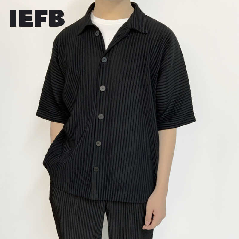 

IEFB Pleated Men's Summer Casual Solid Color Single Breasted Short Sleeve Shirts Off Shoulder Loose Oversized Tops 9Y6744 210721, White