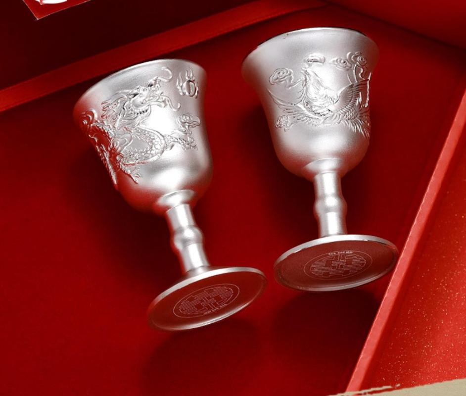 

Mugs 1 Pair Dragon Phoenix Pure Silver Cup Wedding Wine Upscale Gift