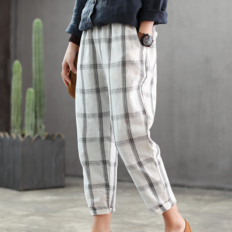 

Johnature Casual Style Cotton Linen Elastic Waist ankle-length Plaid Pockets Loose Mid Flat Women Harem Spring Pants 210521, White