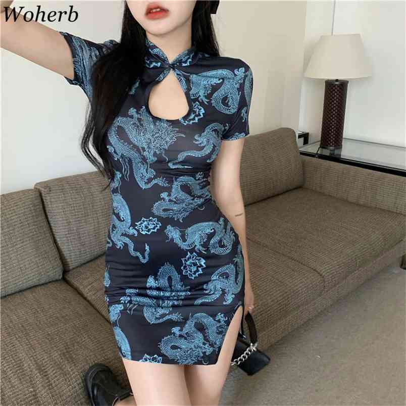 

Summer Sexy Dragon Print Mini Bodycon Dress Women Japanese Vintage Cheongsam Harajuku Streetwear Dresses 210519, Black