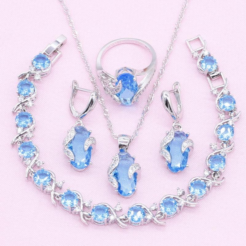 

Wedding Jewelry Sets 925 Silver For Women Sky Blue Crystal White Zirconia Bracelet Earring Pendant Necklace Ring Birthday Gift Box, Slivery;golden