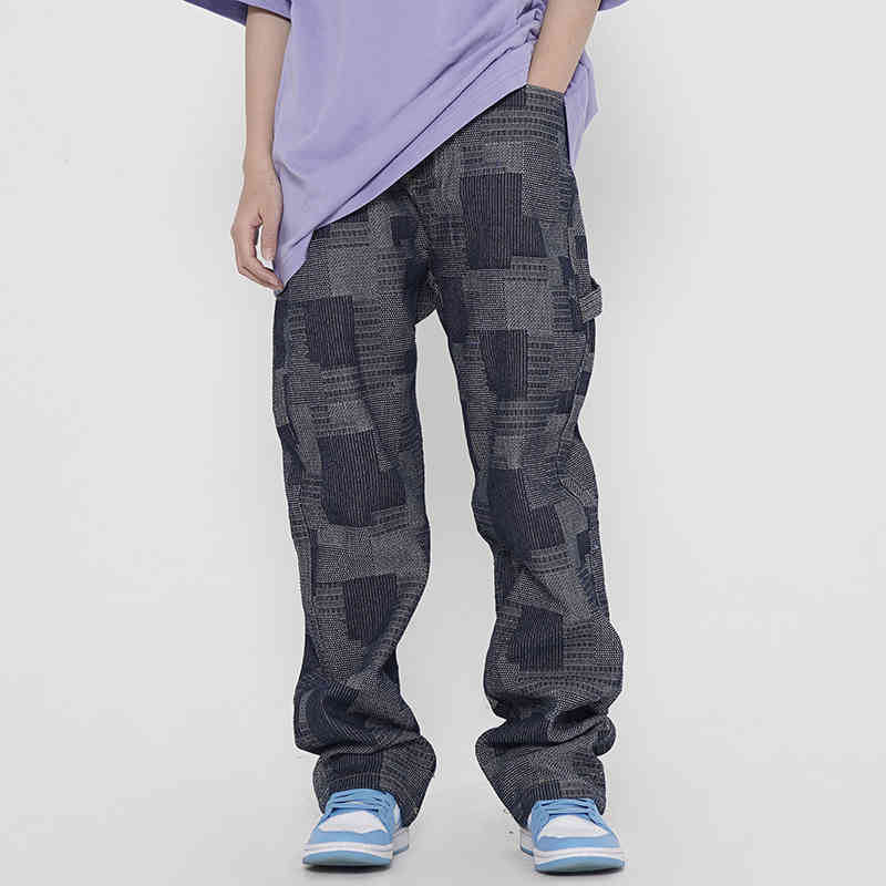 

High Street Checkered Jeans Trousers for Men and Women Loose Ripped Plaid Denim Pants Oversize Casual Pants, Black