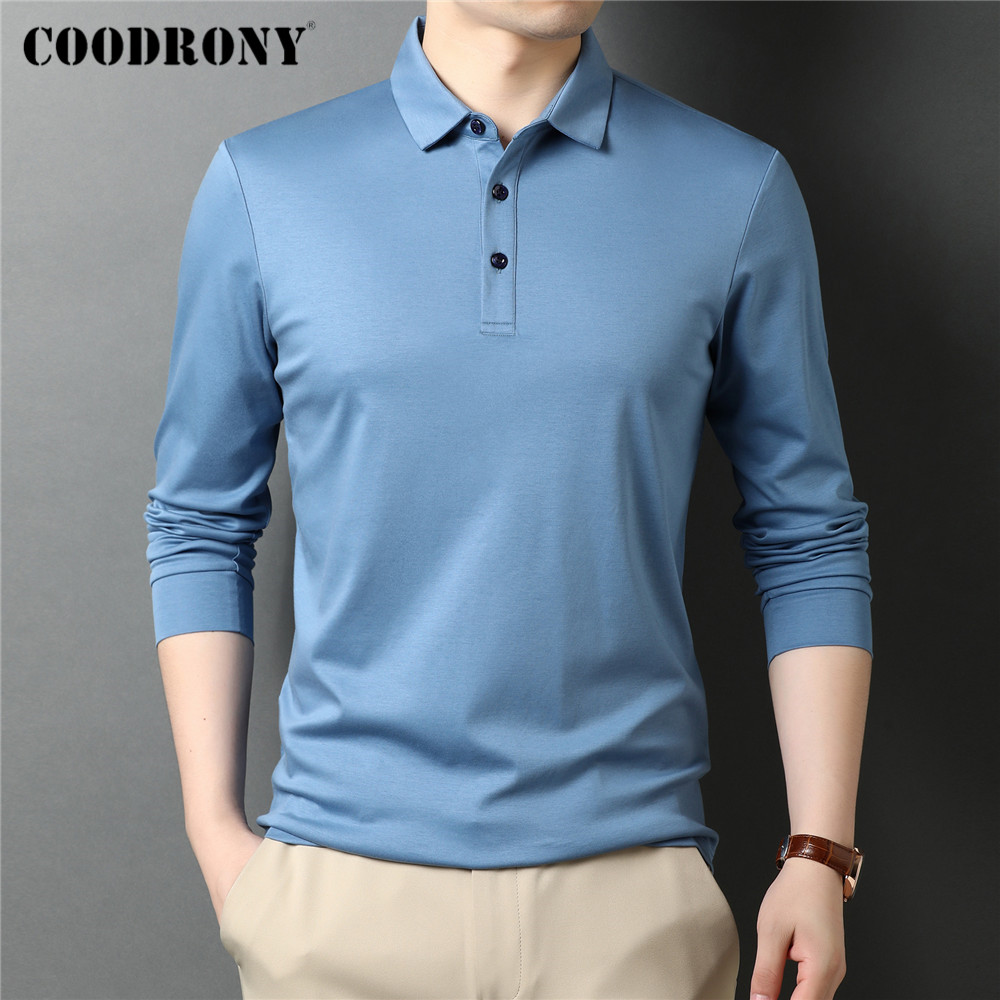 

COODRONY Brand Spring Autumn High Quality Classic Casual Pure Color 100% Mercerized Cotton Long Sleeve Polo-Shirt Men Tops C5069, Black