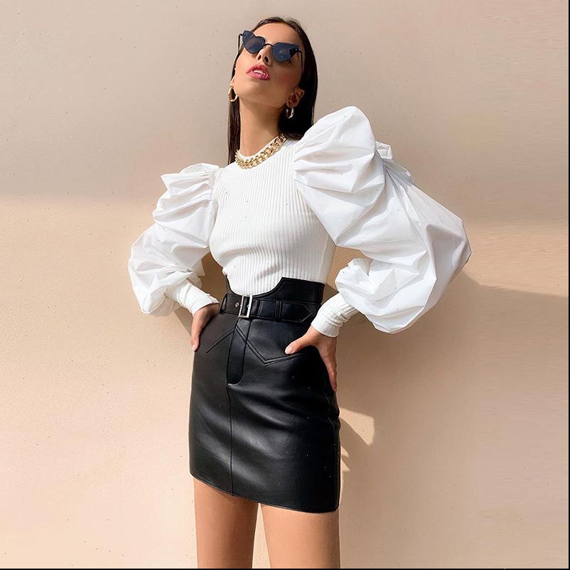 

fashion womens sweaters black white women elegant knitted sweater blouse with puff sleeve ladies pullover ripped shirts vintage, White;black