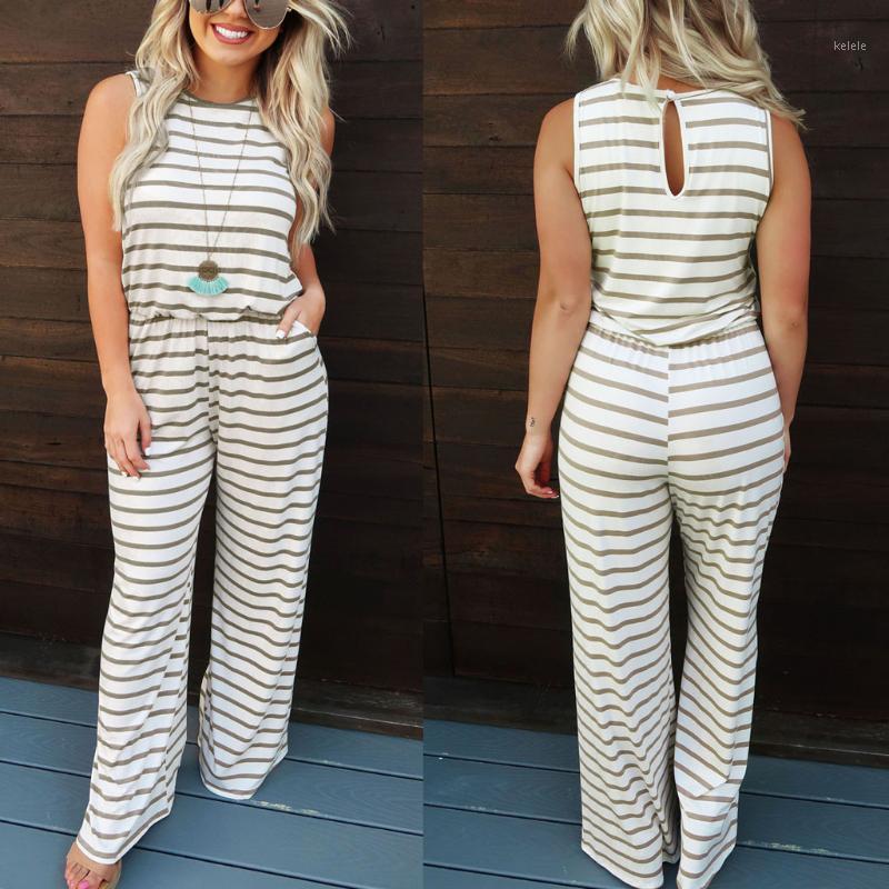 

Women's Jumpsuits & Rompers Summer Women Casual Sleeveless Loose Striped Pocket Fashion Ladies O-Neck Bodysuit Wide Leg Pants Long Trousers, Black;white