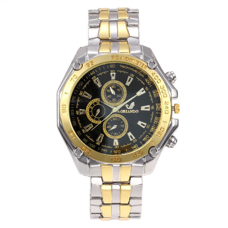 

Orlando big dial three eye steel band watch men's business sports alloy quartz watch, Golden face