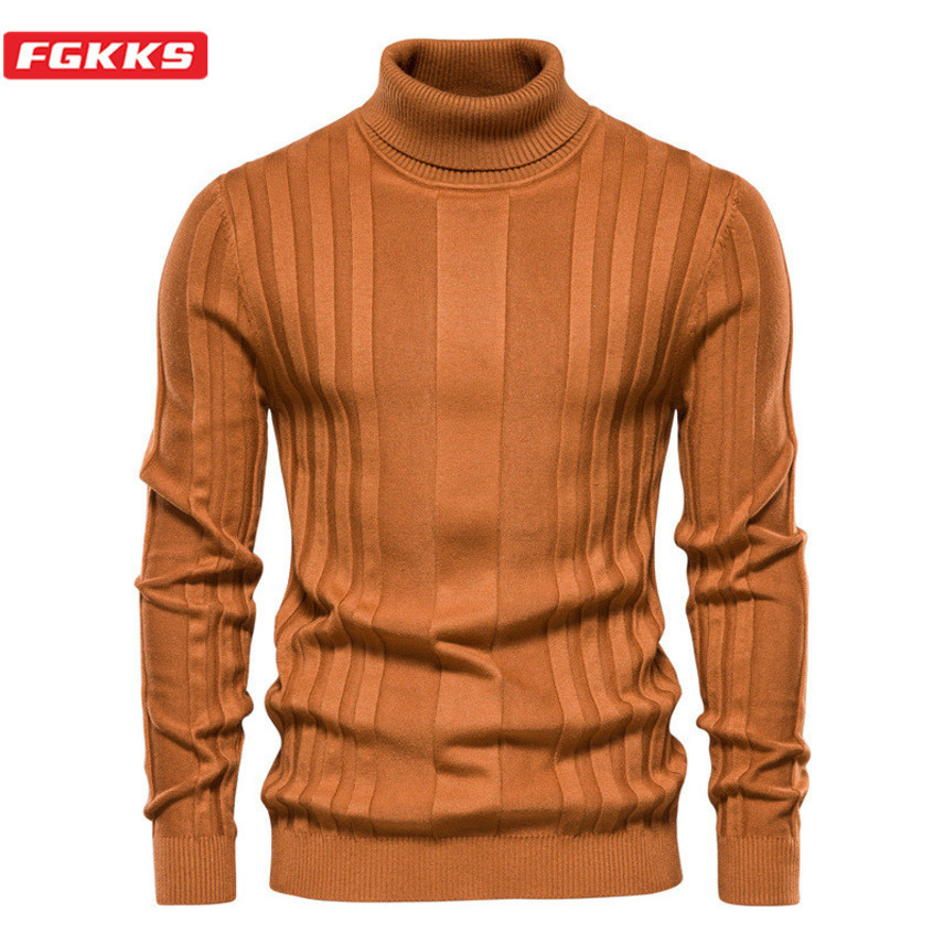 

Fgkks men's high neck casual sweater, basic solid color, warm stripe, winter fashion, novel, White;black