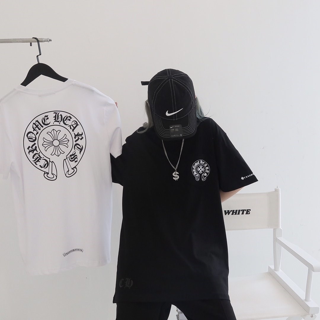

Chromehearts crosin spring and summer new horseshoe cross back solid casual Unisex T-shirt, White;black