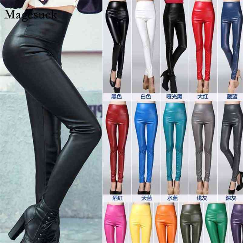 

Autumn Winter Elastic Stretch Faux Leather Women Velvet PU Pants Pencil Female Sexy Skinny Tight Trouser 7172 50 210518, Yellow