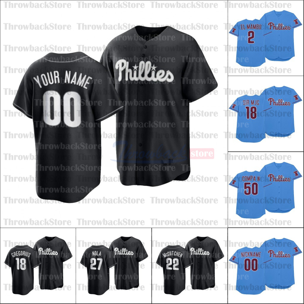

2021 All Black Fashion Players' Weekend Baseball Jersey 25 Joe Girardi Garlick 56 Zach Eflin Vince Velasquez Hector Neris Phil Gosselin Neil Walker, Women /light blue
