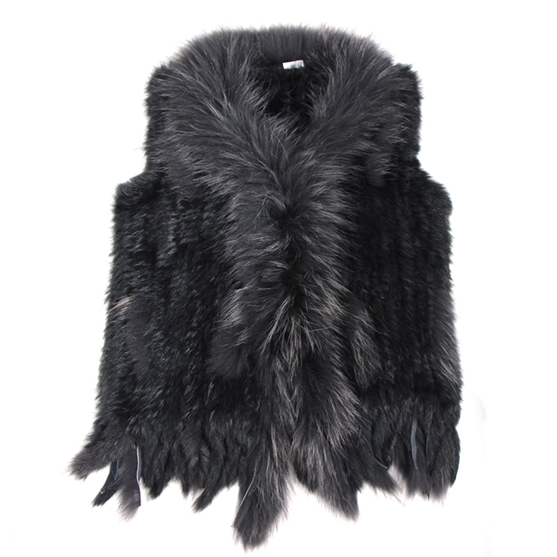 

high quality Retail/wholesale Raccoon Dog Fur Collar Trim Women Knitted Natural Rabbit Fur Vest Gilet/waistcoat 211018, Dark khaki