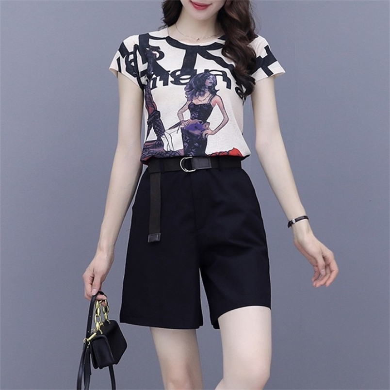 

Women Summer Two Pieces Set Casual Short Sleeve print T-Shirt Tops + High Waist Pants Skirt Suit Outfits 210519, Photo color