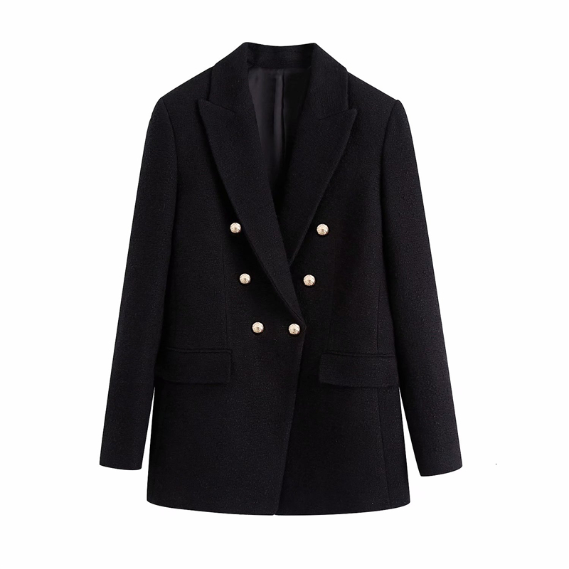 Women&#039;s Suits & Blazers Elegant Women Woolen Blazer Office Ladies Pocket Jackets Casual Female V-Neck Slim Solid Black Girls Chic-image-700356134