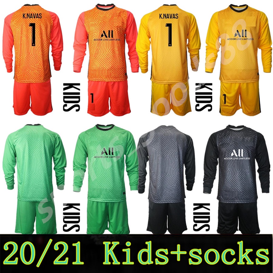 

20 21 Youth Germain Long Sleeve Soccer Goalkeeper Keylor Navas Jersey Sergio Rico Douchez Alphonse Areola Goalie Kids Football Shirt Kits 05, Colour 8