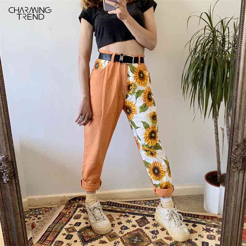 

Jeans Woman Vintage High Waist Pants Fit Young Girls Cute Sunflower Stitching Pattern Autumn Winter Trousers Female Orange 210629, Pattern jeans
