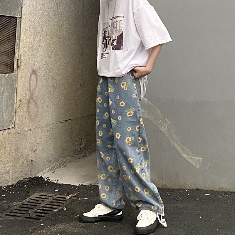 

2011jeans women harajuku loose vintage sunflower printed denim blue womens casual streetwear boyfriend straight trousers new