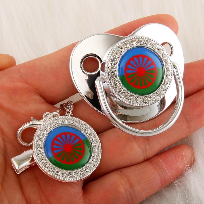 

Pacifiers# Silver Baby Pacifier With Chain Clip Romani Roma Flag Theme Born Dummy Soother Nipple 0-18 Months