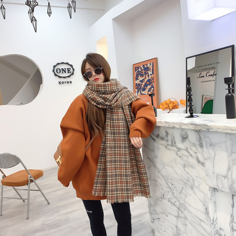 

Autumn and Winter Korean Style Colorful Plaid Scarf Womens All-Match Double-Sided Thermal Shawl Thickened Scarf Wholesale