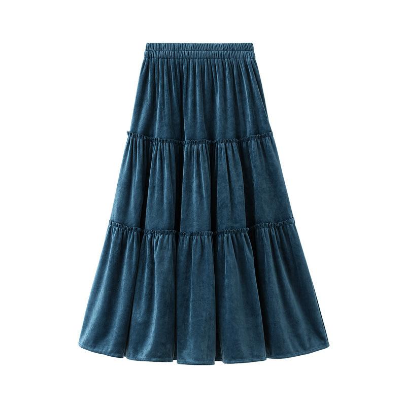 

Skirts Winter Velvet Long Boho Vintage Green/Blue Pleuche Cakee A-line Calf, Black