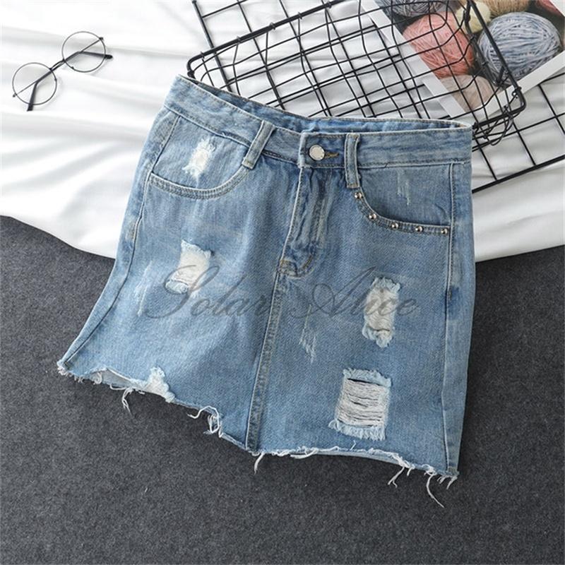 

Women' Summer High-Waist Denim Short Skirt Size Slim Thin Hole A-line Pack Hip Skirts, Blue
