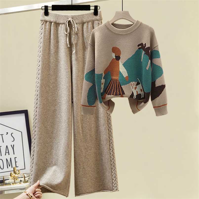 

Women's Knitted suit winter cartoon pictures Sweater pullover wide leg pants two piece pants sets woman 2 pieces knitwear 211116, Khaki sweater