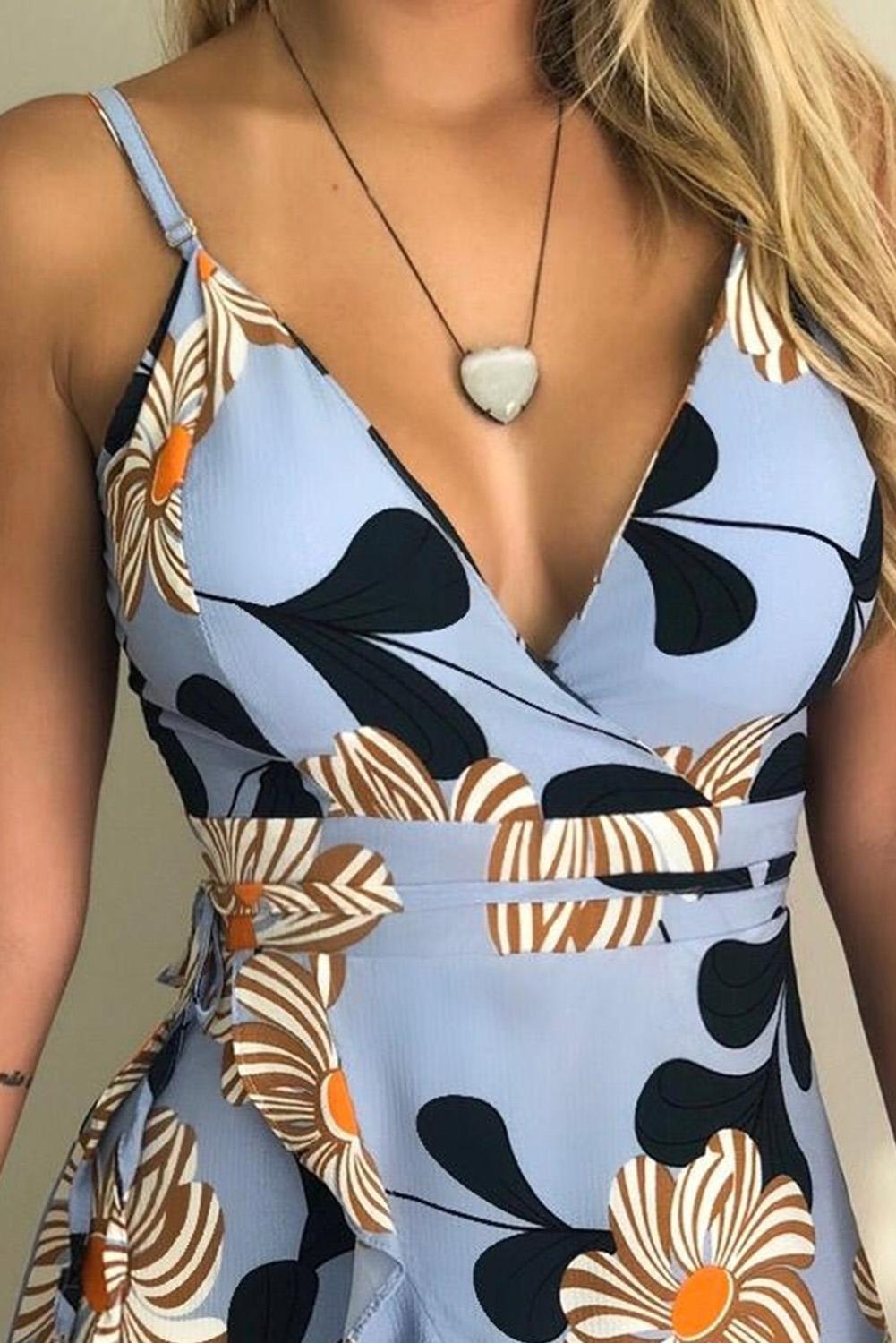 

Blue V Neck Spaghetti Straps Floral Print Playsuit, Default color