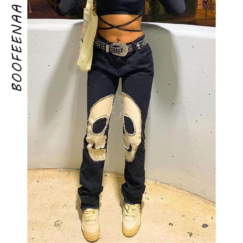 

Women' Jeans BOOFEENAA Skull Patterned Low Rise Streetwear Women Clothing Black Denim Trousers Cyber Y2k Aesthetic Goth Pants C82-DI53