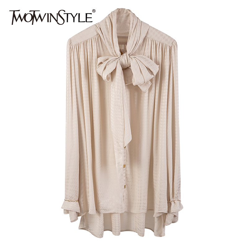 

Solid Ruched Slim Shirts For Women O Neck Long Sleeve Lace Up Bowknot Patchwork Bracelet Elegant Blouses Female 210524, Apricot