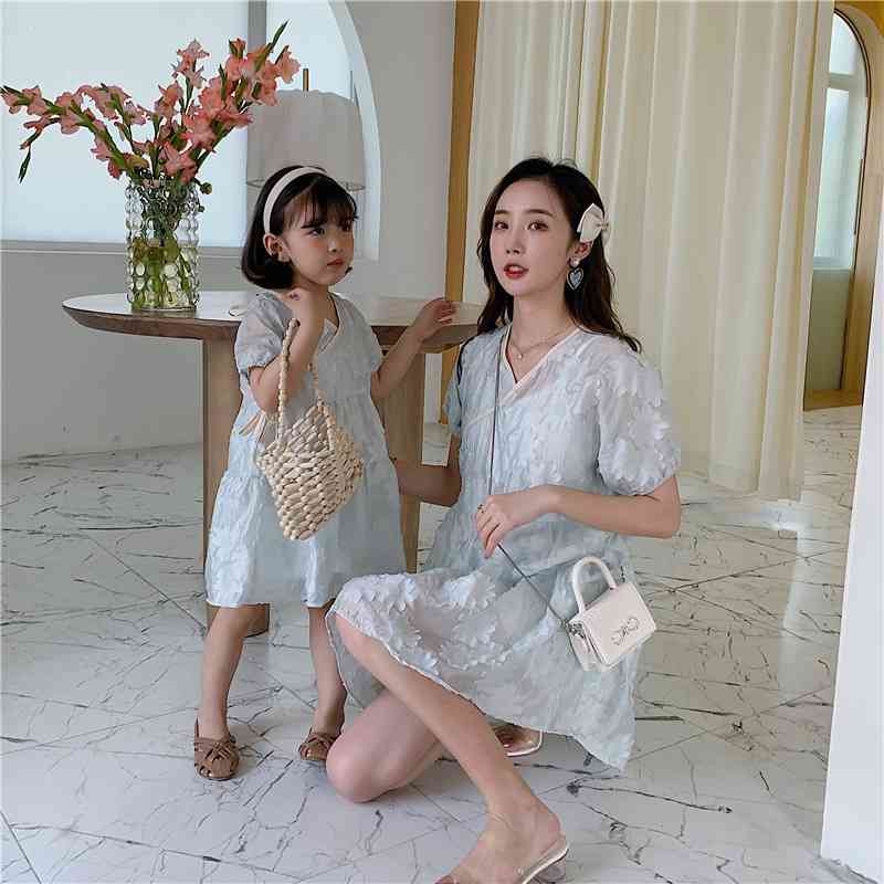 

summer pure color parent-child cheongsam two-piece mother-daughter dress set family matching clothes 210701