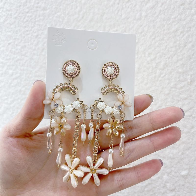 Korean Elegant Handmade Flower Crystal Long Tassel Drop Earrings For Women Grils Brincos Jewelry Ear Accessories Dangle & Chandelier-image-696766613