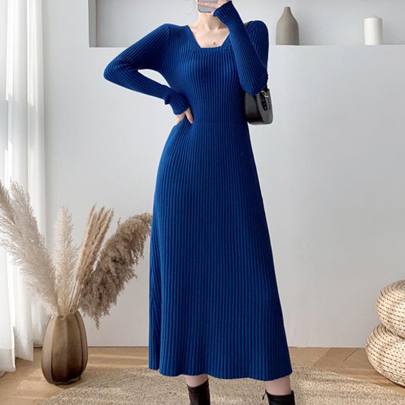 

Casual Dresses Fall Winter Over The Knee Sweater With Square Neck Long Sleeves A-line Knitted Dress Women Clothes, Black