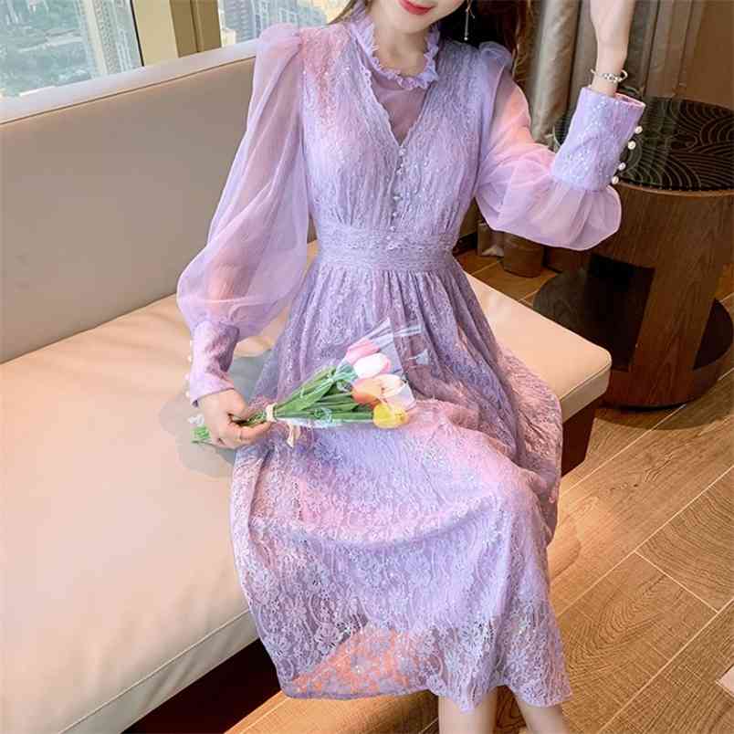 

Sweet Purple Fairy Vintage Dress French Spring Elegant Lace High Waist Casual Slim Midi Female 210519