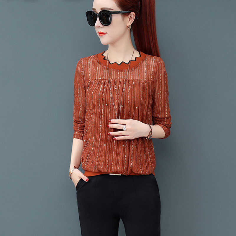 

Autumn Winter Basic Shirts Blouse Fashion Long Sleeve Cute Out Top Lady Sequin Tops Patchwork Sheer Mesh Blouse DF2250 210609, Red