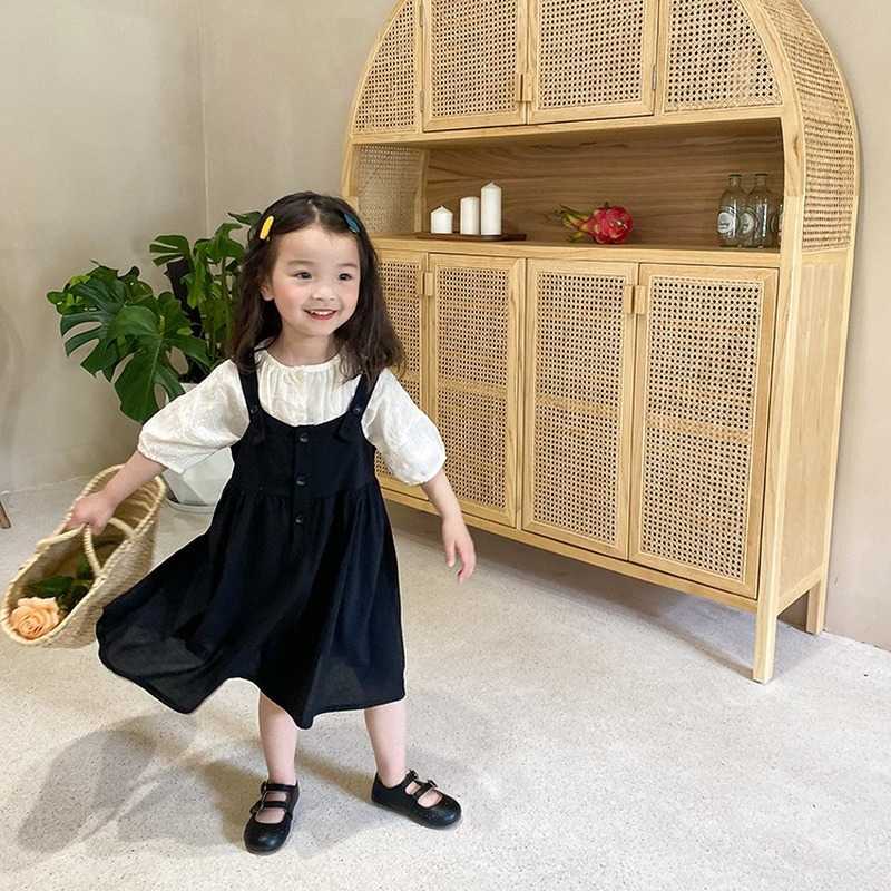

Girls solid color casual suspender dress summer cotton loose breathable sleeveless dresses 210615, Black dress