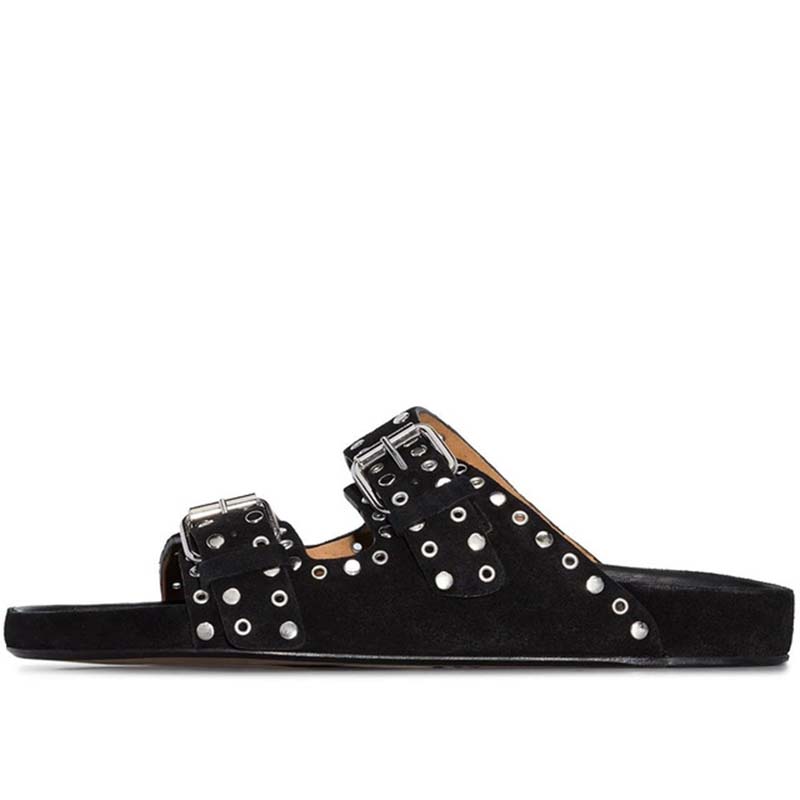 

2021 Famous Luxury Designer Summer Ladies Platform Slippers Buckle Rivet Sandals Cowhide Foot Flat Slipper Plus Size Womens Shoes US Sz 4.5-11, Black a