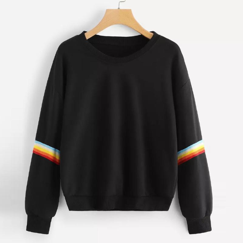 

Women's Hoodies & Sweatshirts Womens Long Sleeve Rainbow Patchwork Sweatshirt O Neck Casual Blouse Pullover Hombre Sudaderas Con Capu Polero, Black