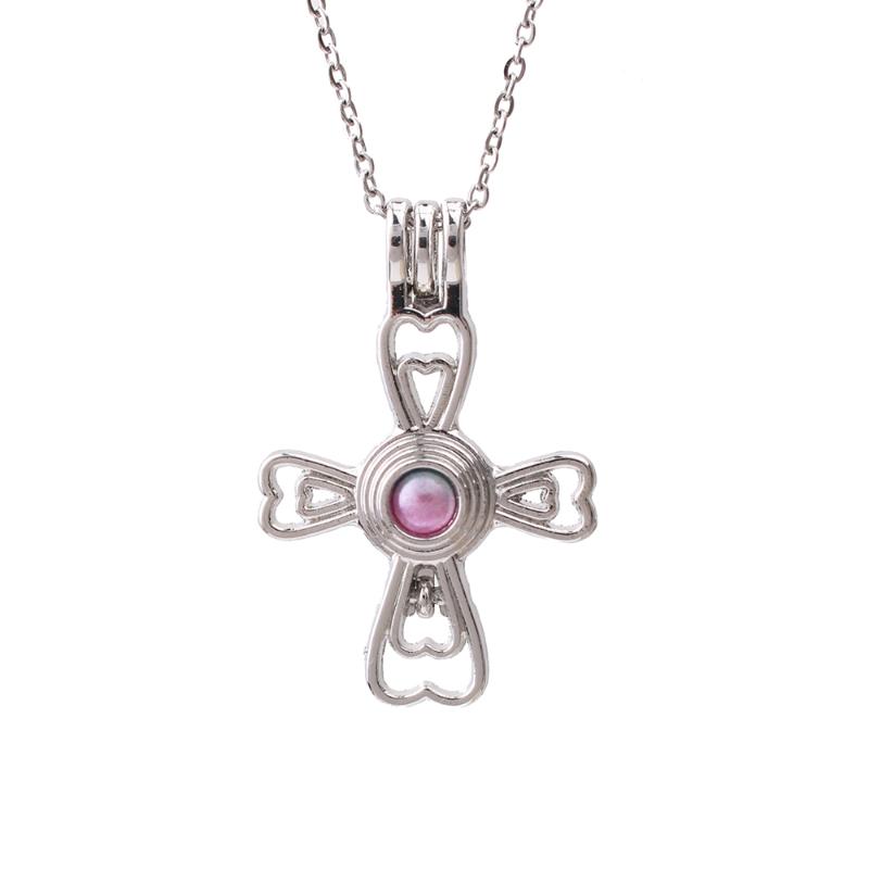 

Pendant Necklaces 1pc Silver Plated Heart Cross Pearl Cage Necklace Oyster Jewelry Perfume Essential Oil Diffuser Lockets Fun Gift