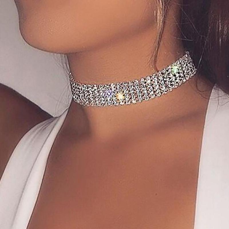 

Chokers Rhinestone Crystal Choker Necklace Women Punk Gothic Collier Jeweley Party Prom Silver Diamond Chain Bridal Wedding, Golden;silver