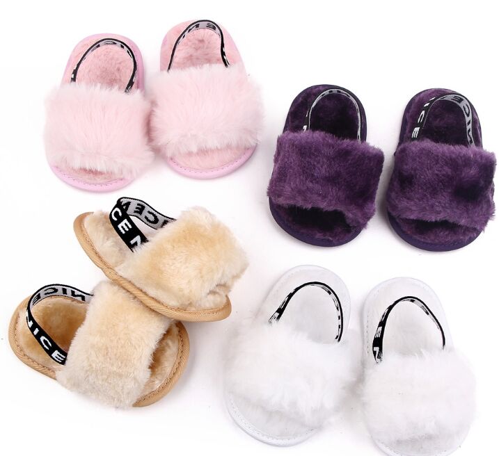 

Newborn Fur Sandals Baby Slippers Fashion Soft Elastic Band Silicone Antiskid Shoe Kids Top Quality Solid Summer Shaggy Shoes,0-18M, Black