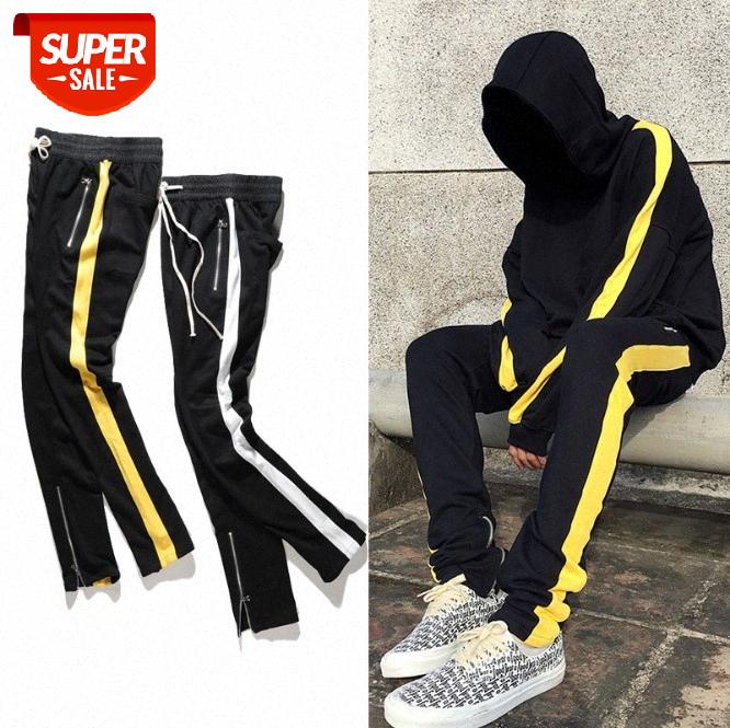 

Kanye same men's black and white yellow contrast color trousers inner zipper sports pants casual men #zI7g