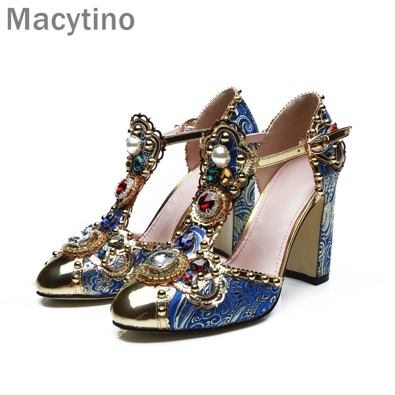 

Dress Shoes Macytino Luxury Handmade Pearls Women Pumps 10CM Retro Embroidery Block Heels T Strap Mary Janes Round Toe ZX5F, Royal blue