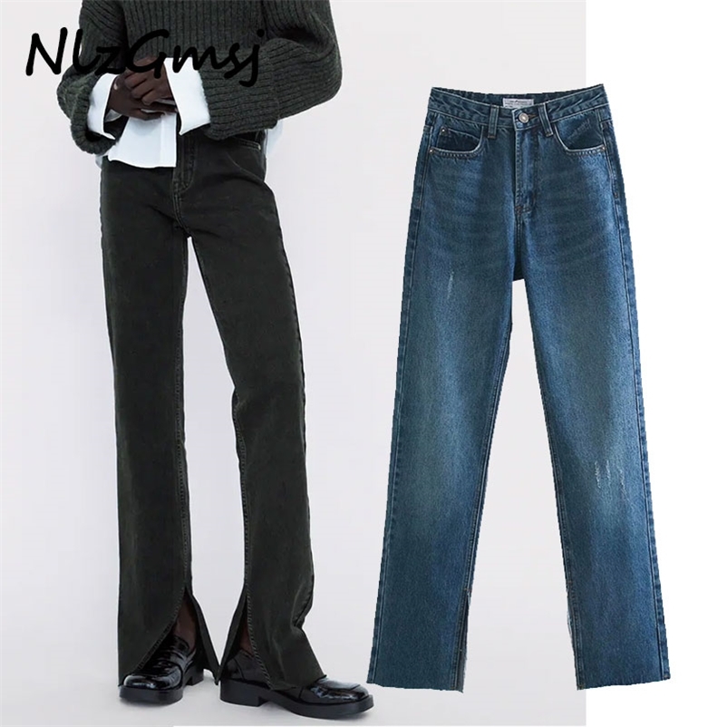

Jeans Woman England Style High Street Washed Waist Forking Flare Women Vintage 210628, As picture