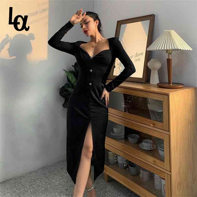 

Women Solid Long Sleeve Party Dress Female Slim Black V-neck Sexy Vestidos Ladys Retro Split Midi Vintage 210519